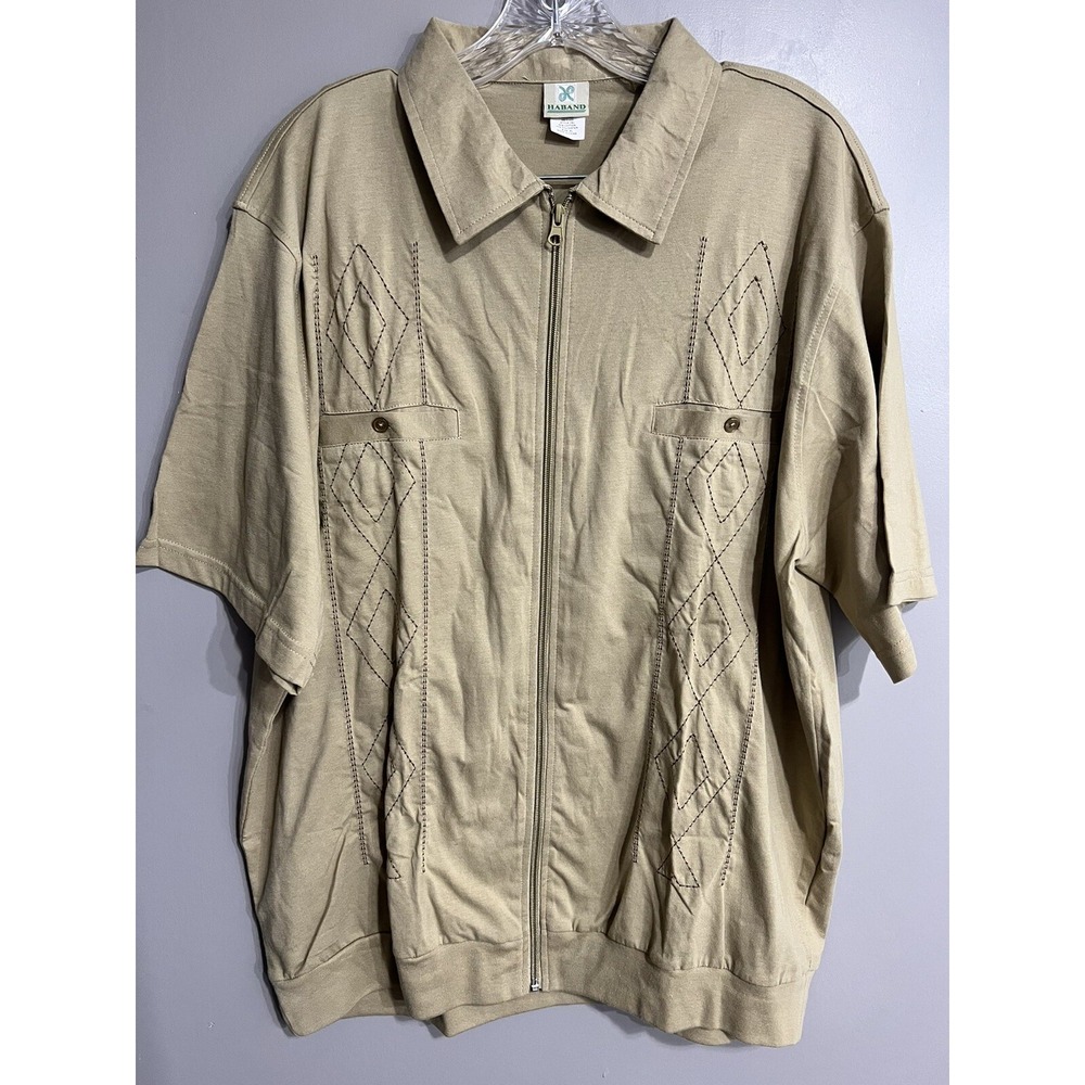 Haband Mens Beige Short‎ Sleeve Full Zip Collared Shirt Size XL Design 2 Pocket